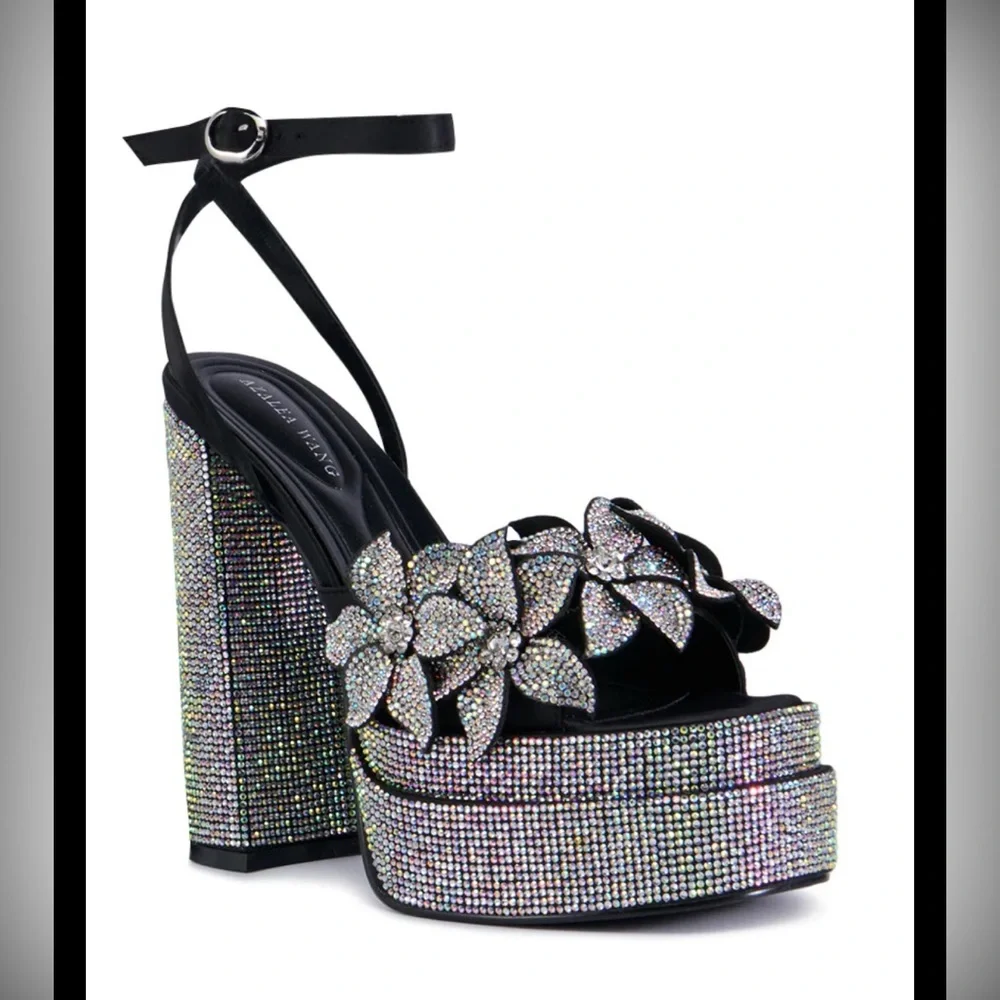 Azalea Wang Teille Embellished Flower Crystal Platform Heels NWOB - Picture 3 of 12